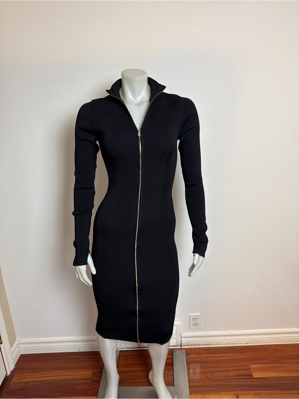 ZARA KNIT - rib-knit long sleeve Zipper front, mock-neck sweater dress. Black.